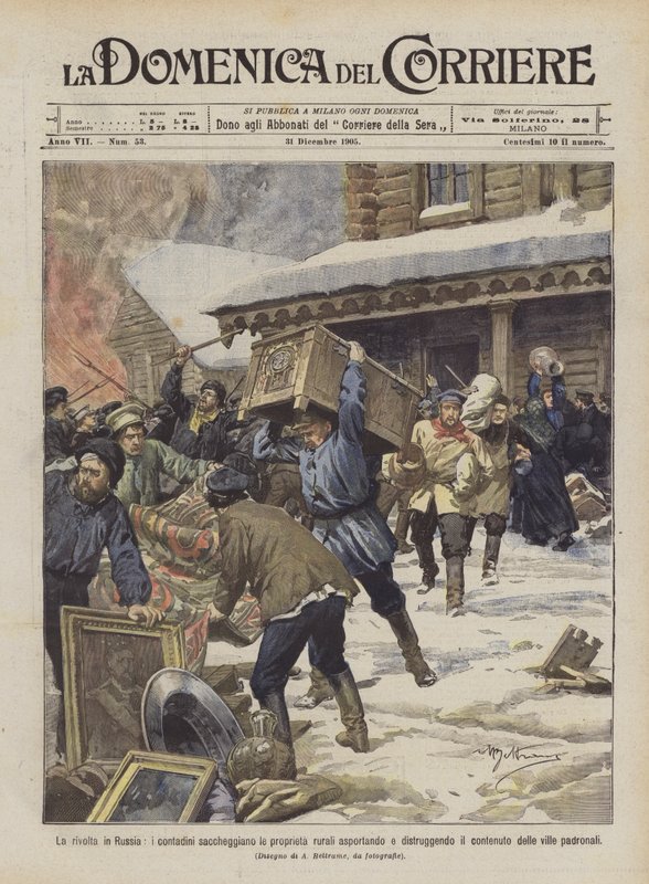 A revolta na Rússia, os camponeses saquear as propriedades rurais, removendo e destruindo de Achille Beltrame