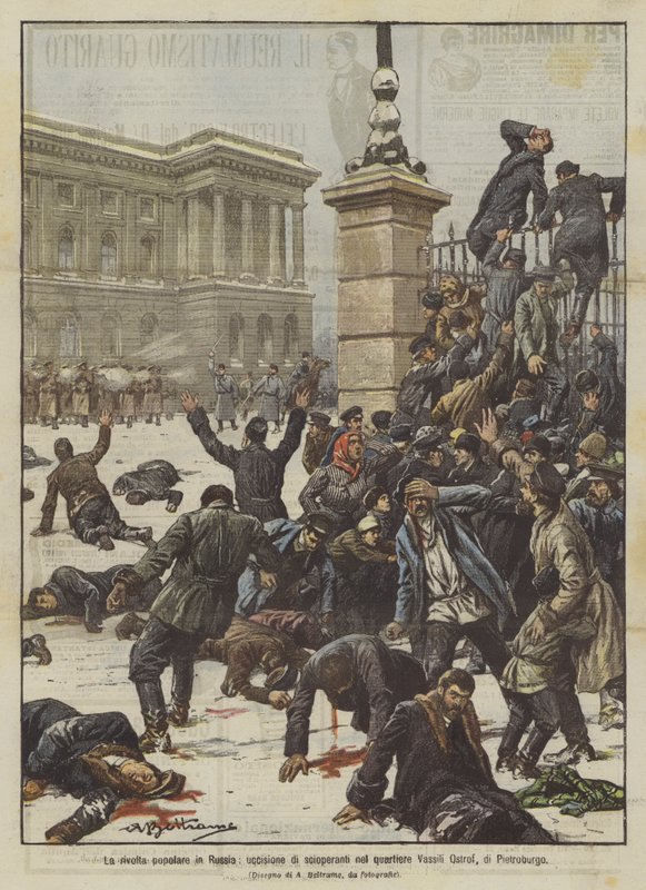 A insurreição popular na Rússia, matando grevistas no distrito Vassili Ostrof de Petersburg de Achille Beltrame