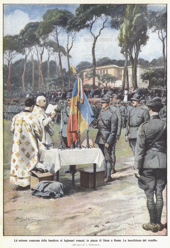 A solene entrega da bandeira aos legionários romenos, na Piazza di Siena, em Roma de Achille Beltrame