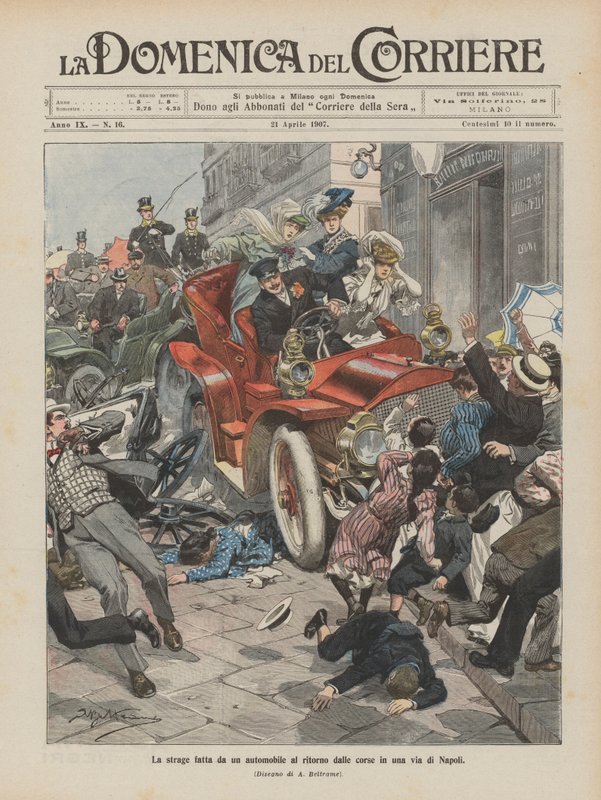 O massacre feito por um carro voltando de corrida em uma rua em Nápoles de Achille Beltrame
