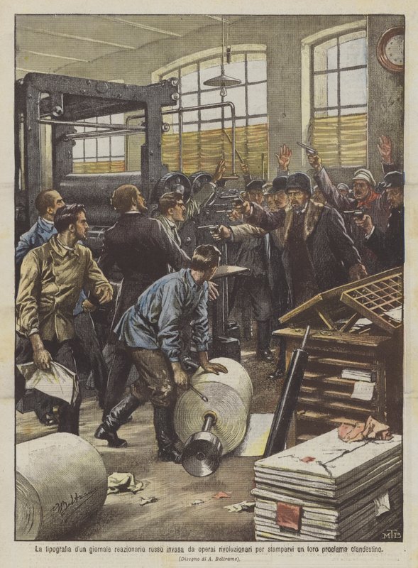 A tipografia de um jornal reacionário russo invadido por trabalhadores revolucionários para imprimir um deles de Achille Beltrame