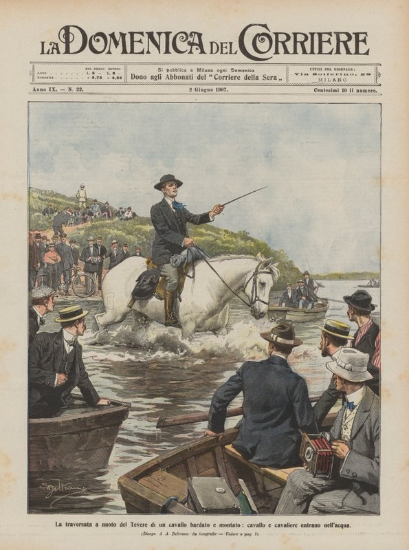 A travessia da nadada do Tibre de um cavalo aproveitado e montado, cavalo e cavaleiro entram na água de Achille Beltrame