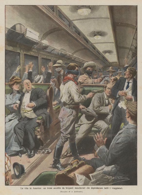 A vida na América, um trem atacado por bandidos mascarados que saquearam todos os viajantes de Achille Beltrame