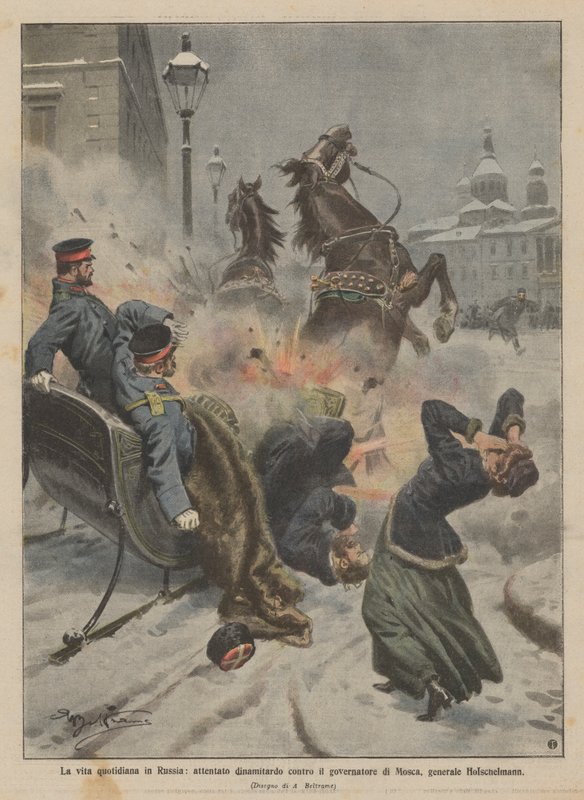 A vida cotidiana na Rússia, um ataque a bomba contra o governador de Moscou, General Holschelmann de Achille Beltrame