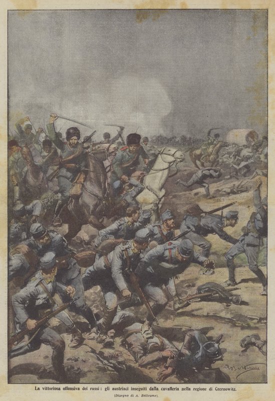 A ofensiva vitoriosa dos russos, os austríacos perseguidos pela cavalaria na região de Czernowitz de Achille Beltrame