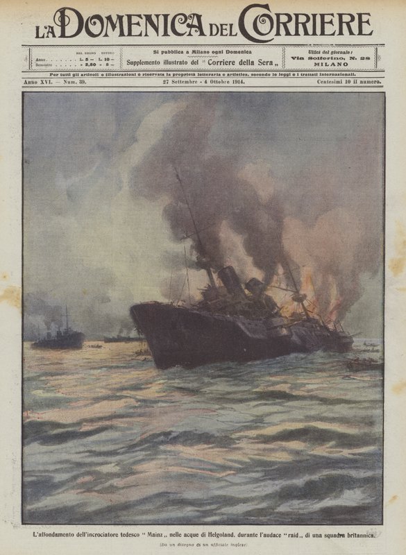 O naufrágio do cruzador alemão Mainz nas águas de Heligoland, durante o raid extenuante de Achille Beltrame