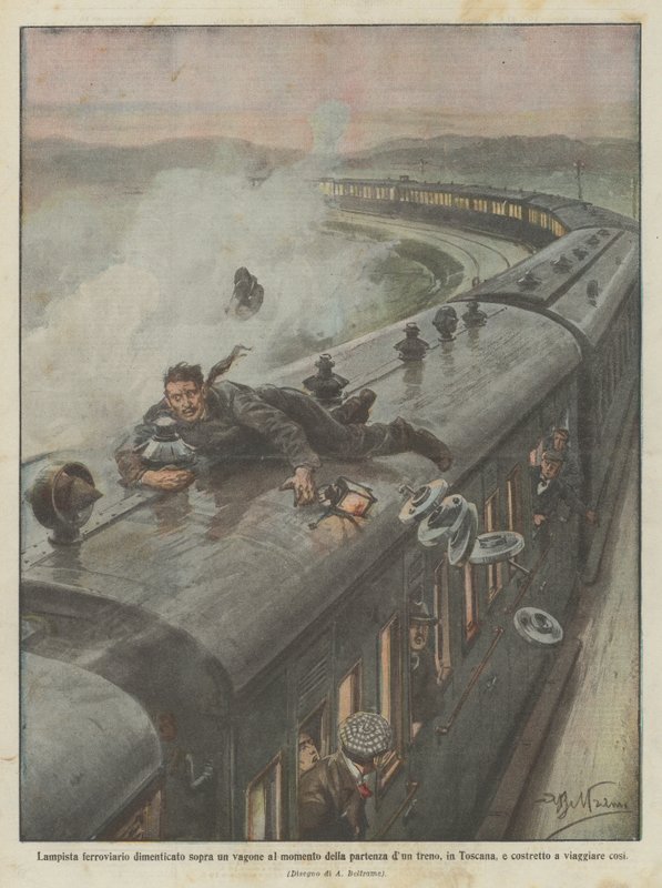 Railway Lampista esquecido em um trem ao sair do trem na Toscana de Achille Beltrame
