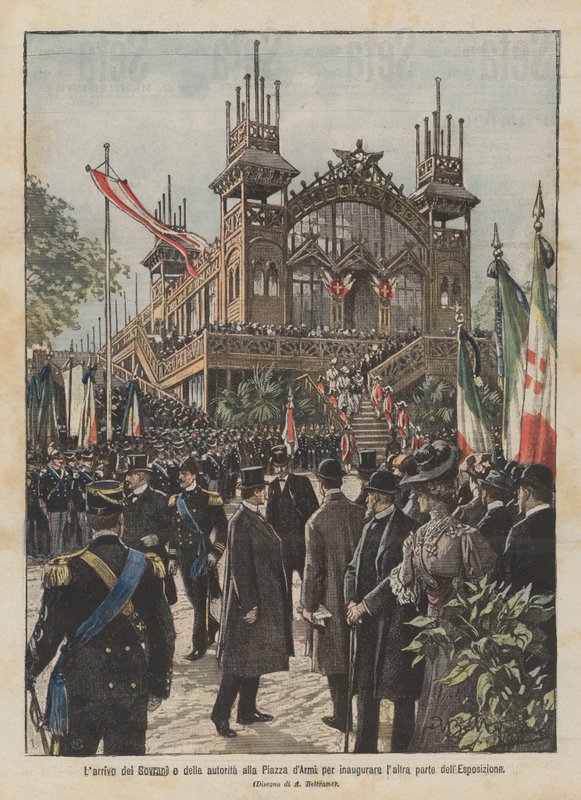 A chegada dos soberanos e autoridades na Piazza dArmi para inaugurar a outra parte da exposição de Achille Beltrame
