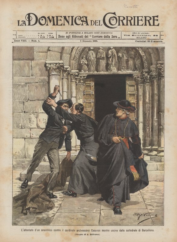 Um anarquista demitido feriu-se contra o cardeal Dom Casanas ao deixar a catedral de Barcelona de Achille Beltrame