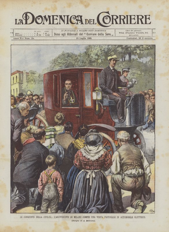 As Conquistas da Civilização, o Arcebispo de Milão realiza uma visita pastoral em um carro elétrico de Achille Beltrame