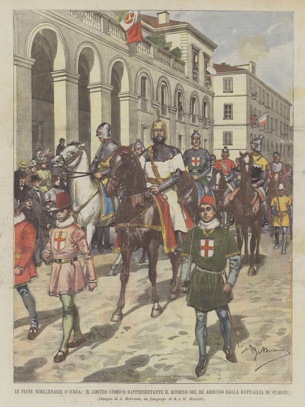 Festa de Bimillenarie DIvrea, o desfile histórico que representa o retorno do rei Arduino Dalla de Achille Beltrame