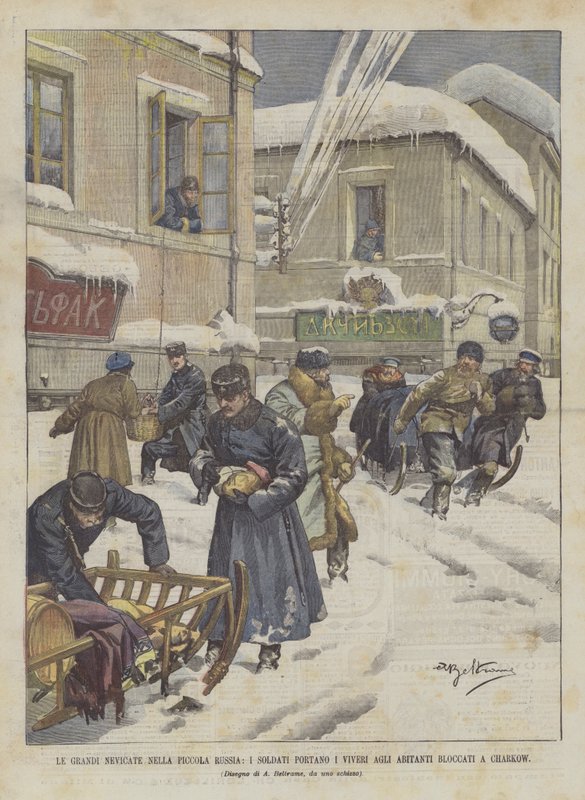 As Grandes Quedas De Neve Na Pequena Rússia, Os Soldados Trazem Comida Para Os Habitantes Bloqueados Em Charkow de Achille Beltrame