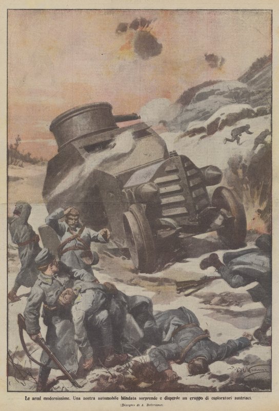 As armas muito modernas, Um dos nossos carros blindados surpreende e dispersa um grupo de exploradores austríacos de Achille Beltrame