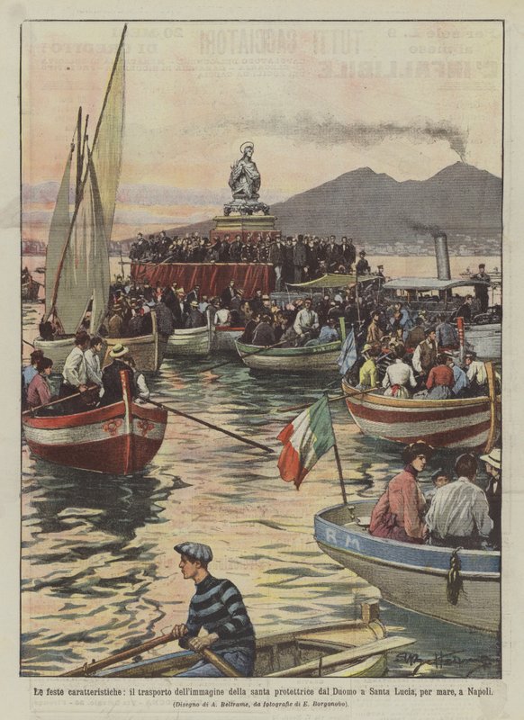 As festas características, o transporte da imagem do santo padroeiro do Duomo para Santa de Achille Beltrame