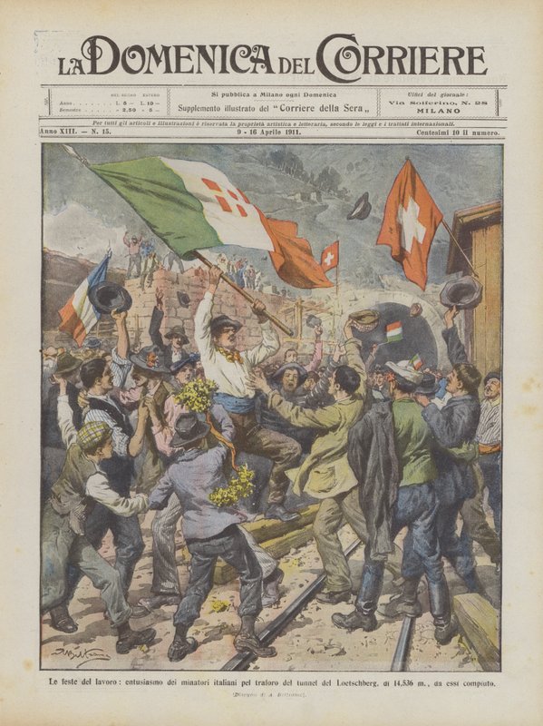 Partidos trabalhistas, o entusiasmo dos mineiros italianos pelo túnel do túnel de Loetschberg de Achille Beltrame