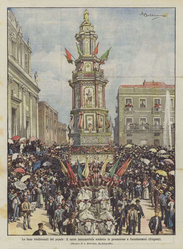 As festas tradicionais do povo, o carro monumental realizado em uma procissão em Casteltermini (Girgenti) de Achille Beltrame
