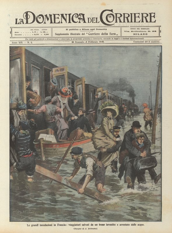 As grandes inundações na França, viajantes salvos por um trem atingiram e pararam pelas águas de Achille Beltrame