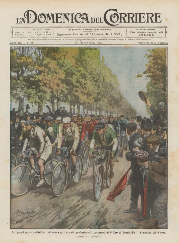 Os grandes testes de ciclismo, a partida pitoresca dos competidores competindo no Giro de Achille Beltrame