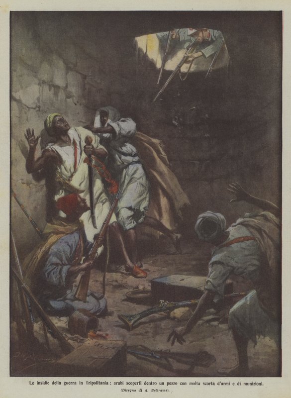 As armadilhas da guerra em Tripolitania, árabes descobertos dentro de um poço com um monte de suprimentos e munições de Achille Beltrame