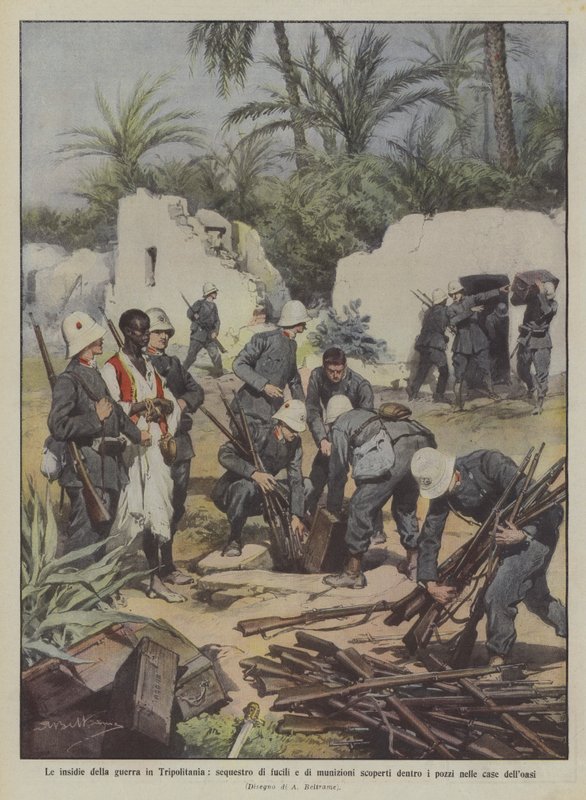As armadilhas da guerra em Tripolitania, apreensão de rifles e munições descobertas dentro de Achille Beltrame