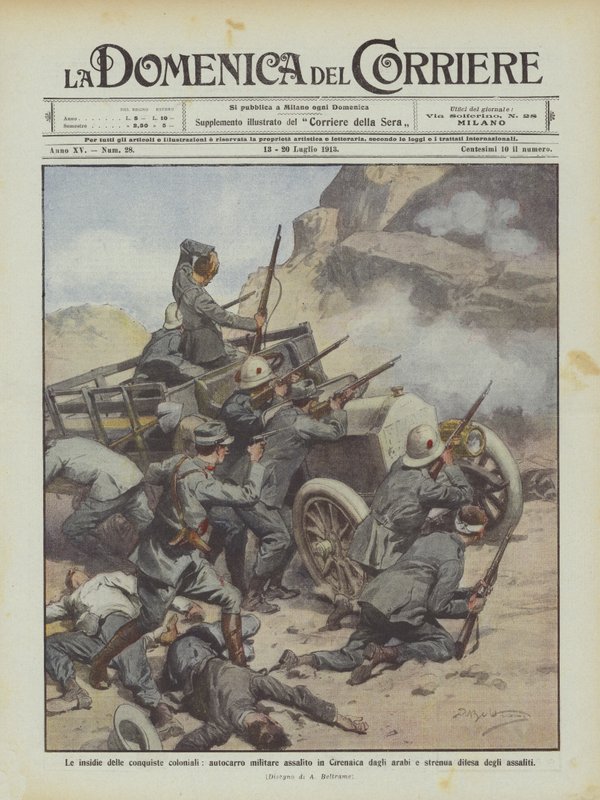 As armadilhas das conquistas coloniais, caminhão militar agredido na Cirenaica pelos árabes de Achille Beltrame