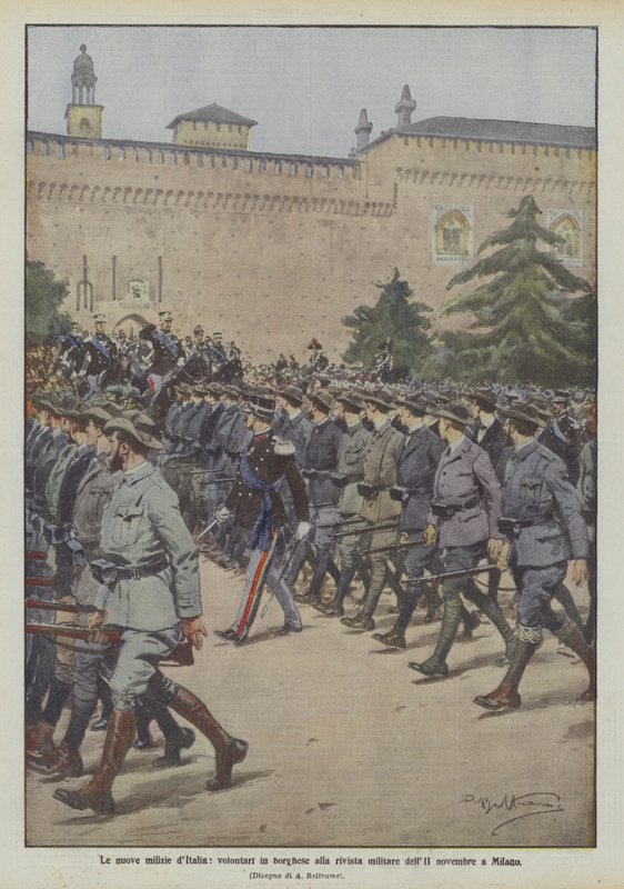 As novas milícias da Itália, voluntárias à paisana na revista militar do novembro II em Milão de Achille Beltrame