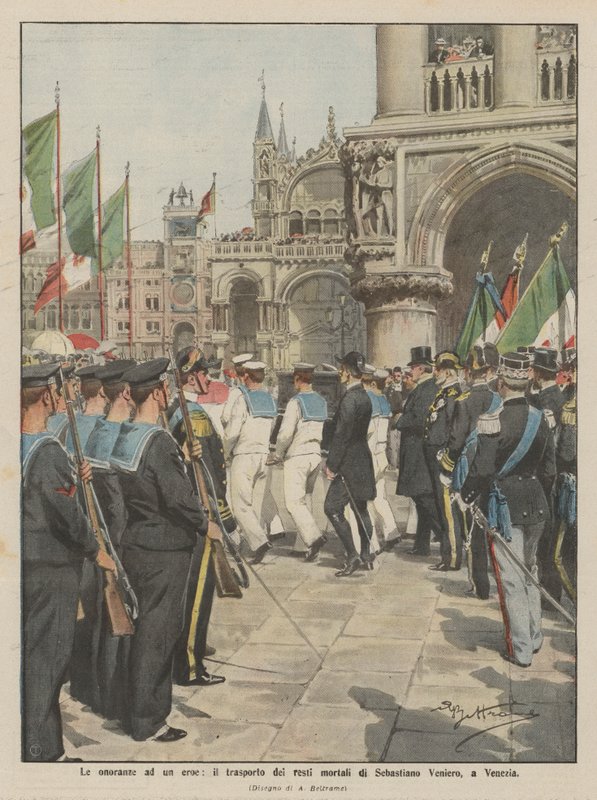 A honra de um herói, o transporte dos restos mortais de Sebastiano Veniero, em Veneza de Achille Beltrame