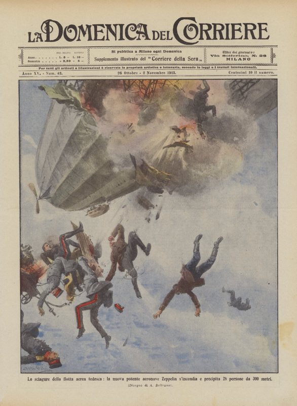 Os desastres da frota aérea alemã, o novo e poderoso dirigível Zeppelin sincendia e cai de Achille Beltrame
