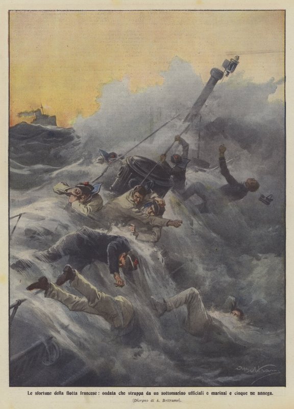 Os infortúnios da frota francesa, onda arrancando de um submarino oficiais e marinheiros e cinco deles se afogam de Achille Beltrame