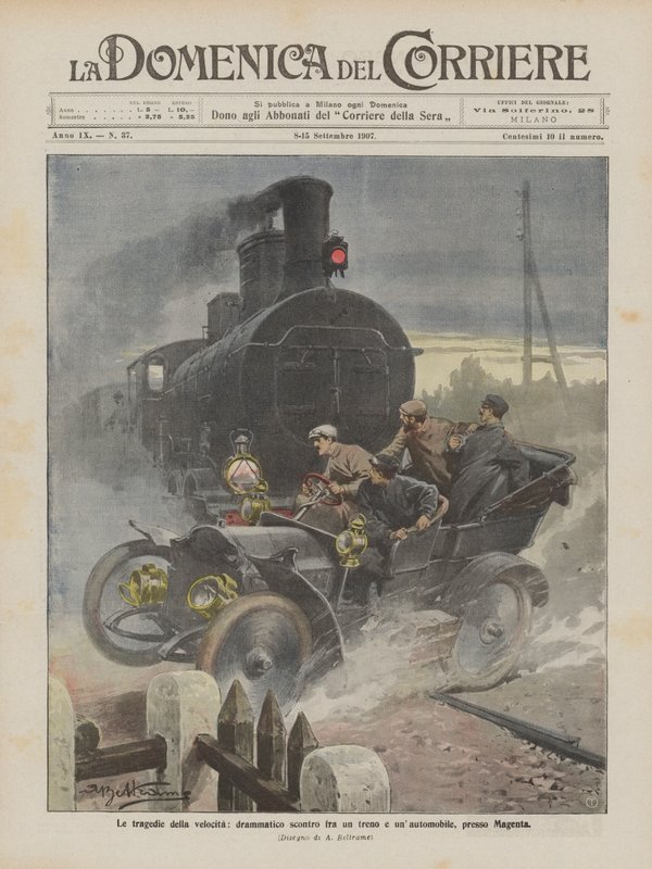 As tragédias da velocidade, um choque dramático entre um trem e um carro, perto de Magenta de Achille Beltrame