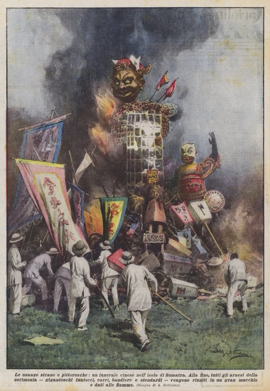 Os estranhos e pitorescos costumes, um funeral chinês na ilha de Sumatra de Achille Beltrame