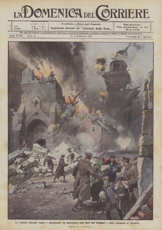 As vitórias alemãs contra os monumentos, a destruição das torres dos templários e a catedral de Nieuport de Achille Beltrame