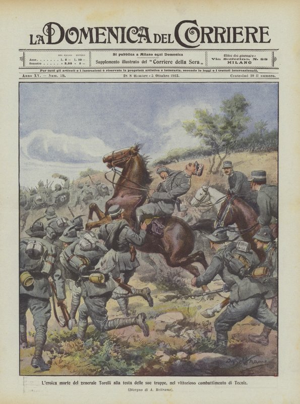 Leroica morte do general Torelli à frente de suas tropas, na luta vitoriosa de Tecniz de Achille Beltrame