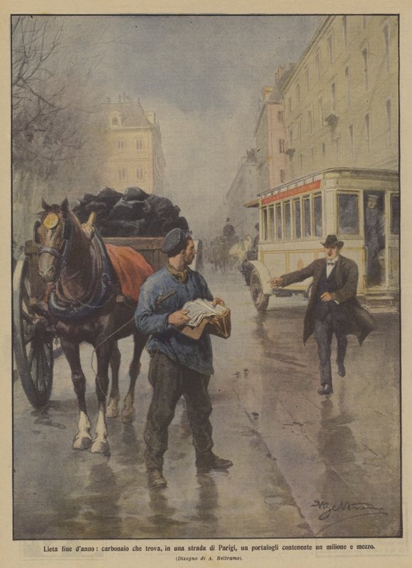 Um final feliz para o carvão que encontra um milhão e meio de carteira em uma rua em Paris de Achille Beltrame