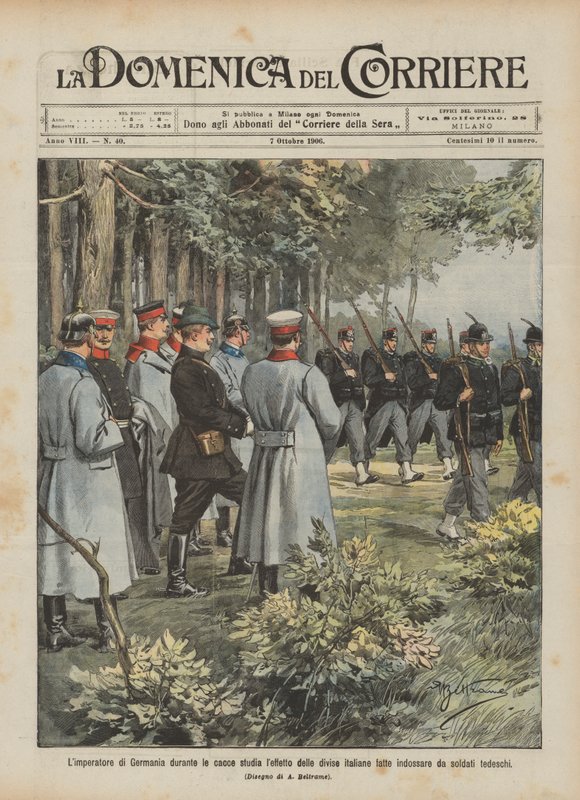 Alemão Limperatore durante as caçadas estuda o efeito de usar uniformes italianos de Achille Beltrame