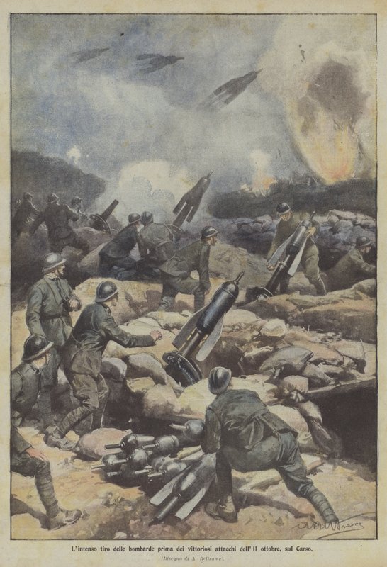 Lense fogo dos bombardeios antes dos ataques vitoriosos de 11 de outubro, no Karst de Achille Beltrame