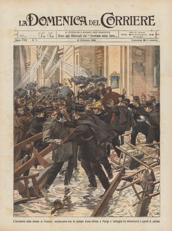 Inventário de igrejas na França, inundação com as bombas da igreja de dunas em Paris e batalha de Achille Beltrame