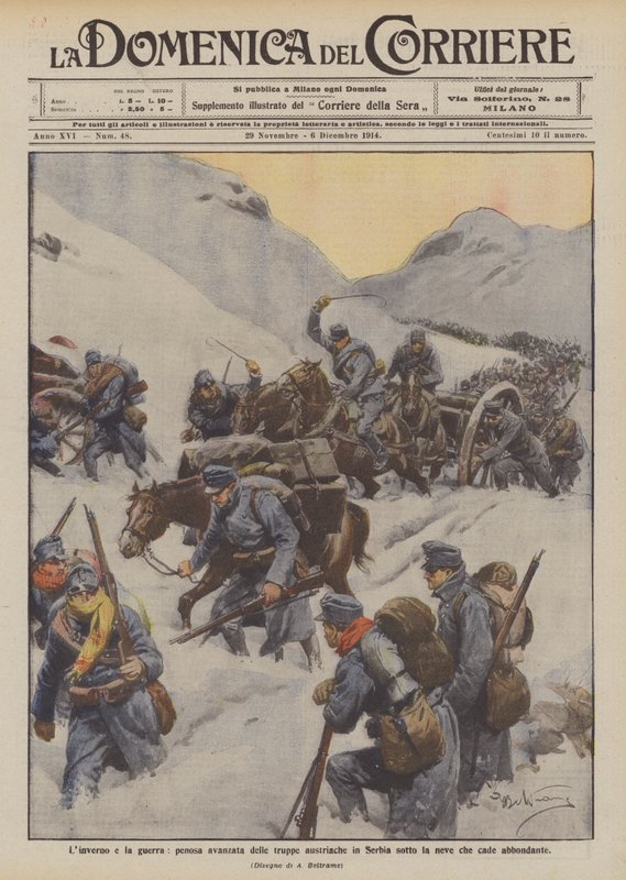Inverno e a guerra, avanço doloroso das tropas austríacas na Sérvia sob a forte nevasca de Achille Beltrame