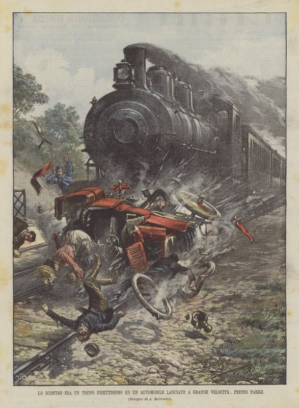 O choque entre um trem muito dirigido e um carro lançado em alta velocidade, perto de Paris de Achille Beltrame