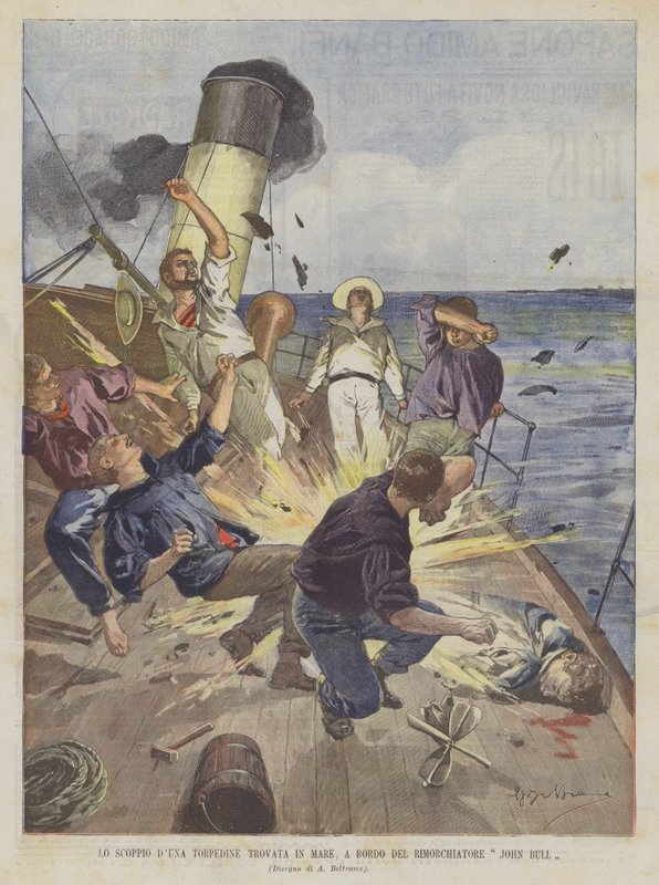 A explosão do torpedo DUNA encontrada no mar, a bordo do rebocador John Bull de Achille Beltrame