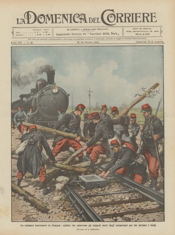 A greve ferroviária na França, soldados que removem os obstáculos propostos pelos grevistas de Achille Beltrame