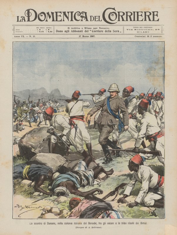 O confronto de Danane, na colônia italiana de Benadir, entre os ascari e as tribos rebeldes do Bimal de Achille Beltrame
