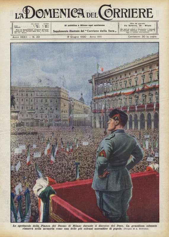 O espetáculo da Piazza del Duomo, em Milão, durante o discurso do Duce de Achille Beltrame