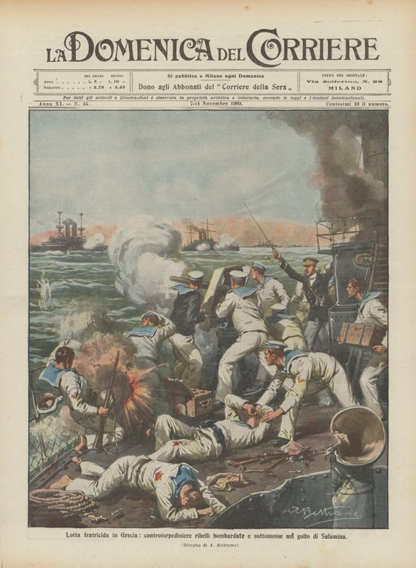 A luta fratricida na Grécia, os contra-bombardeios rebeldes bombardearam e subjugaram no Golfo de Salamina de Achille Beltrame