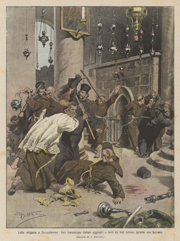 Lutas religiosas em Jerusalém, frades franciscanos italianos atacados e feridos por frades armênios durante uma função de Achille Beltrame