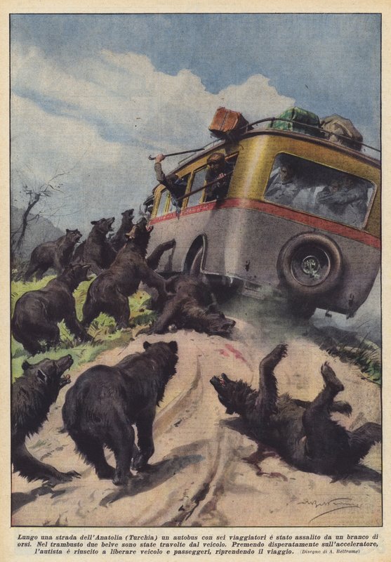 Ao longo de uma estrada da Anatólia (Turquia) um ônibus com seis viajantes foi atacado por uma manada de ursos de Achille Beltrame