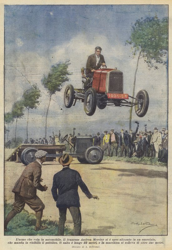 O homem voando no carro de Achille Beltrame