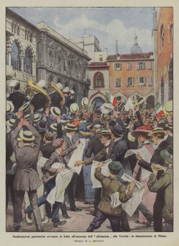 Manifestações patrióticas na Itália no anúncio do ultimato à Turquia, a manifestação em Milão de Achille Beltrame