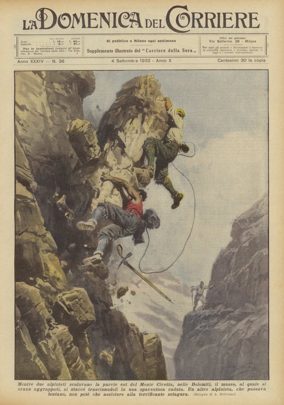 Enquanto dois alpinistas subiram a face leste de Monte Civetta, nas Dolomitas, a rocha de Achille Beltrame
