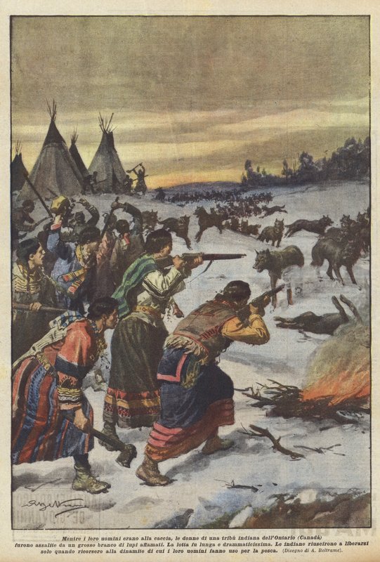 Enquanto seus homens estavam caçando, havia mulheres de uma tribo indígena de Ontário (Canadá) de Achille Beltrame